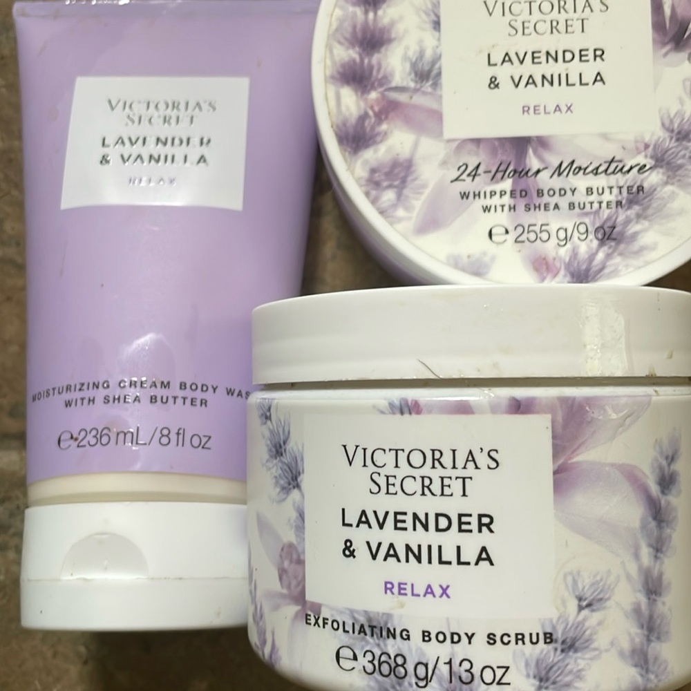 Lavender & vanilla body, butter, cream body wash, and exfoliating scrub